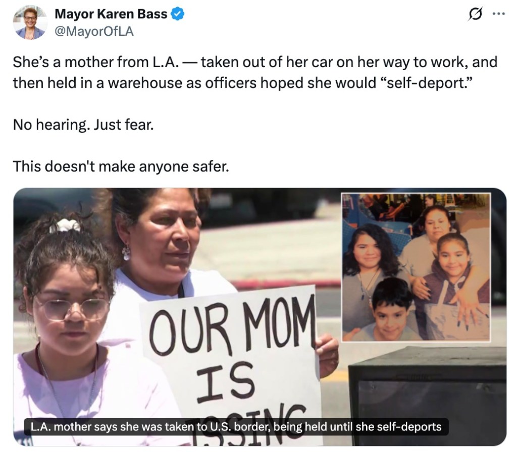 Screenshot of a tweet about a mother from Los Angeles who was detained by officers.