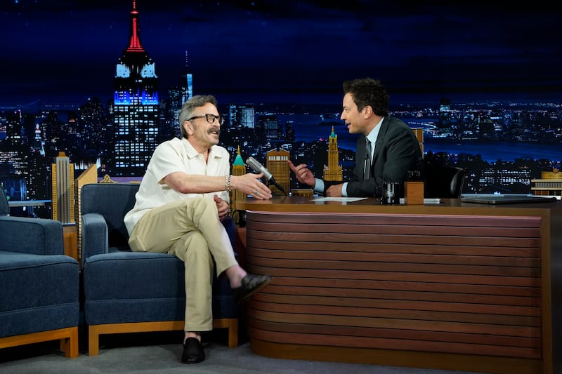 THE TONIGHT SHOW STARRING JIMMY FALLON -- Episode 2148 -- Pictured: (l-r) Comedian Marc Maron during an interview with host Jimmy Fallon on Thursday, June 12, 2025 -- (Photo by: Rosalind O'Connor/NBC via Getty Images)
