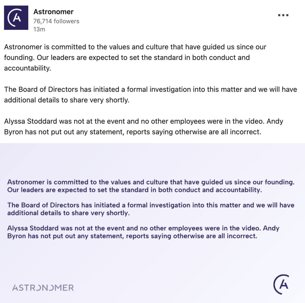 Screenshot of a LinkedIn post addressing an investigation.