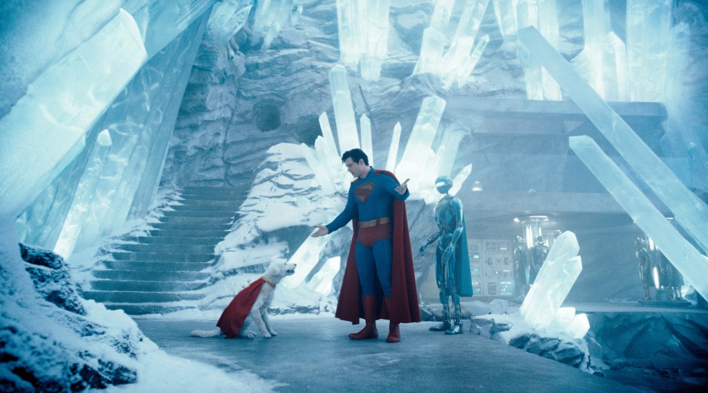 Superman with Krypto, his dog, in a snowy, icy setting.