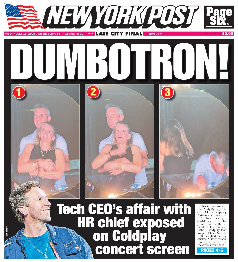 New York Post front page: Tech CEO's affair with HR chief exposed on Coldplay concert screen.
