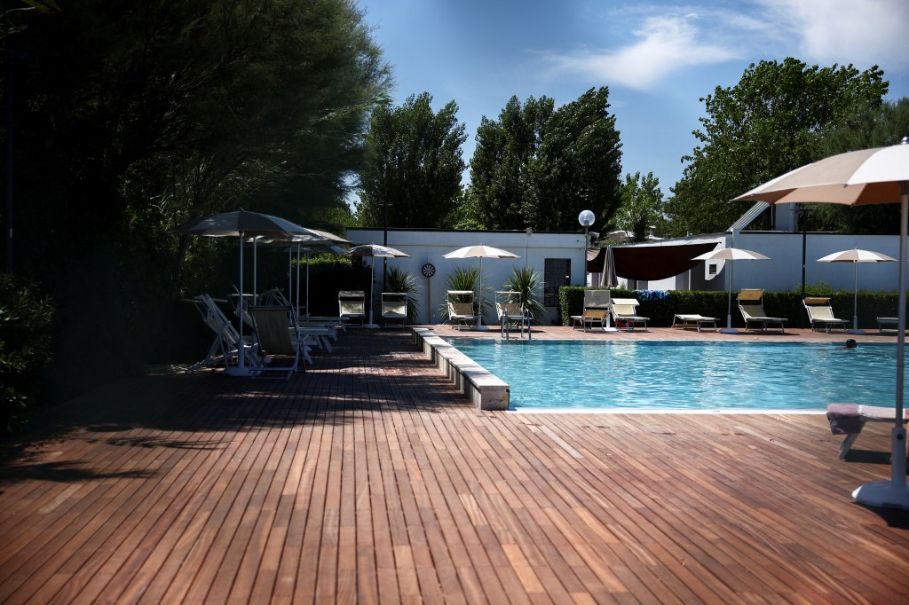 A general view shows the swimming pool of the 'Le Mimose' resort, where Baumgartner's paraglider crashed, killing him and injuring a hotel employee on the ground, in Porto Sant'Elpidio, Italy, July 18, 2025. 