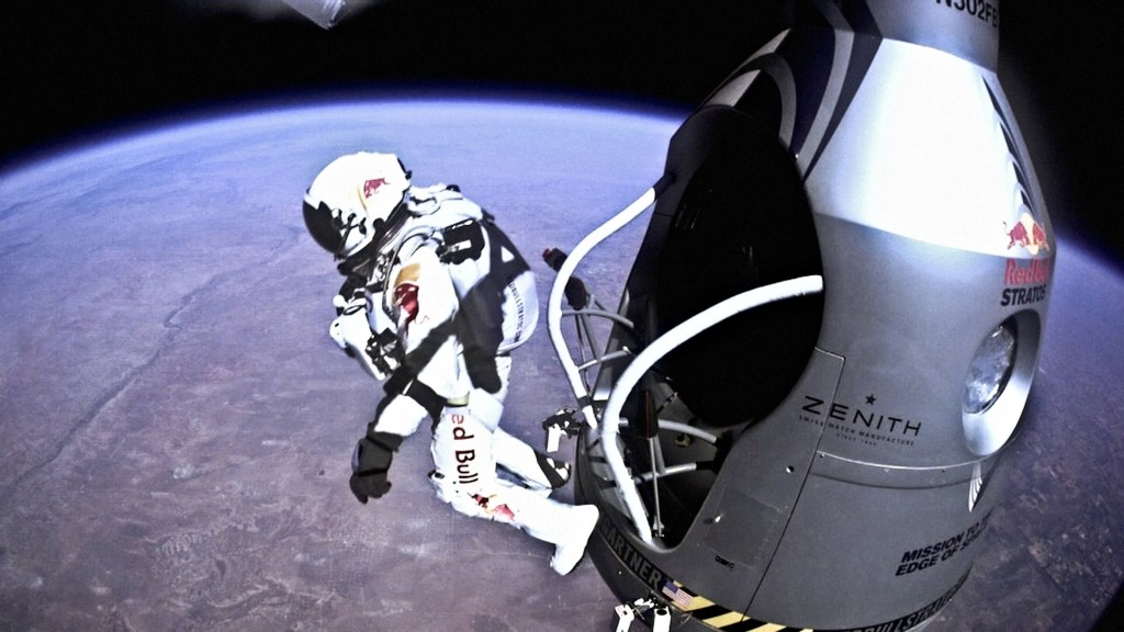 Felix Baumgartner jumps out from the capsule during the final manned flight for Red Bull Stratos in Roswell, New Mexico, on October 14, 2012 