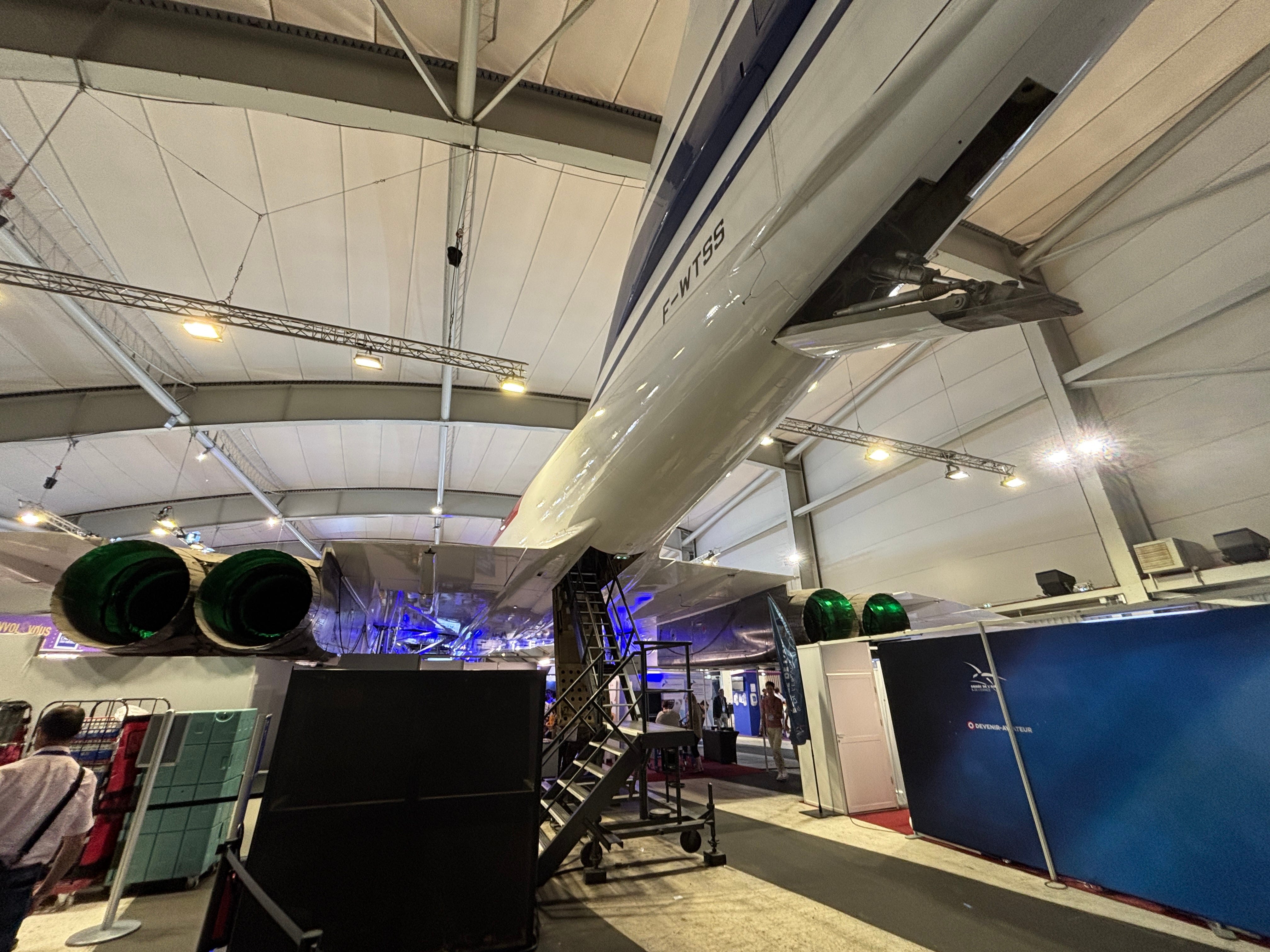 A rear view of Concorde 001 and the rear boarding stairs in the Musée de l'Air et de l'Espace in Paris