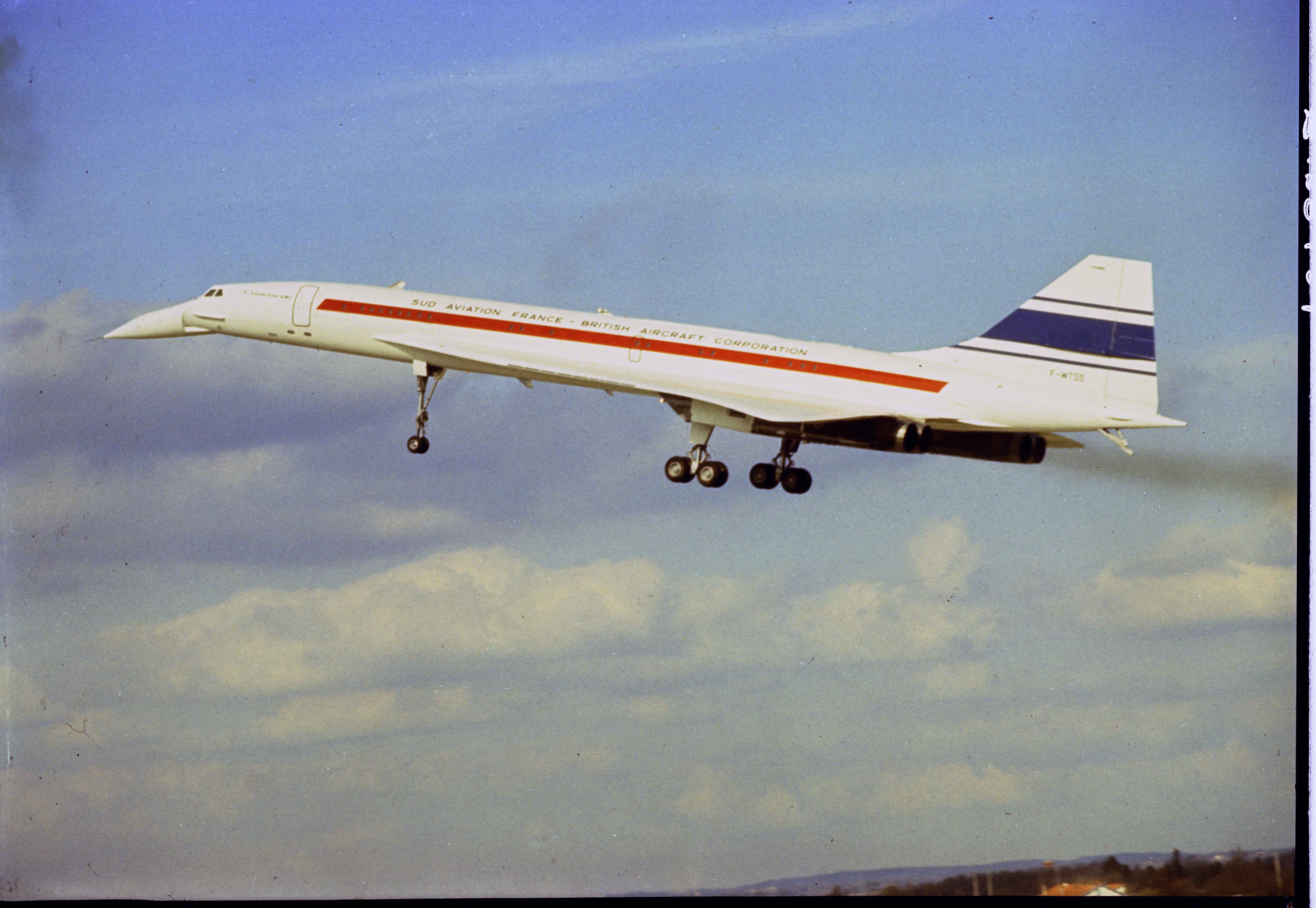 The first flight of BAC Concorde 001 powered by Rolls-Royce Olympus 593 engines taking off in Toulouse. France in 1969.