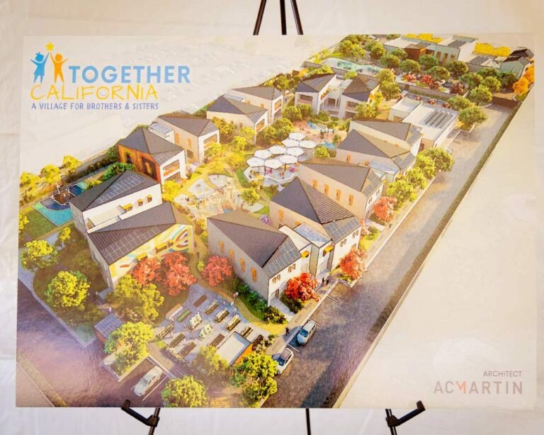 Illustration of a planned village for foster siblings, including homes and a community center.