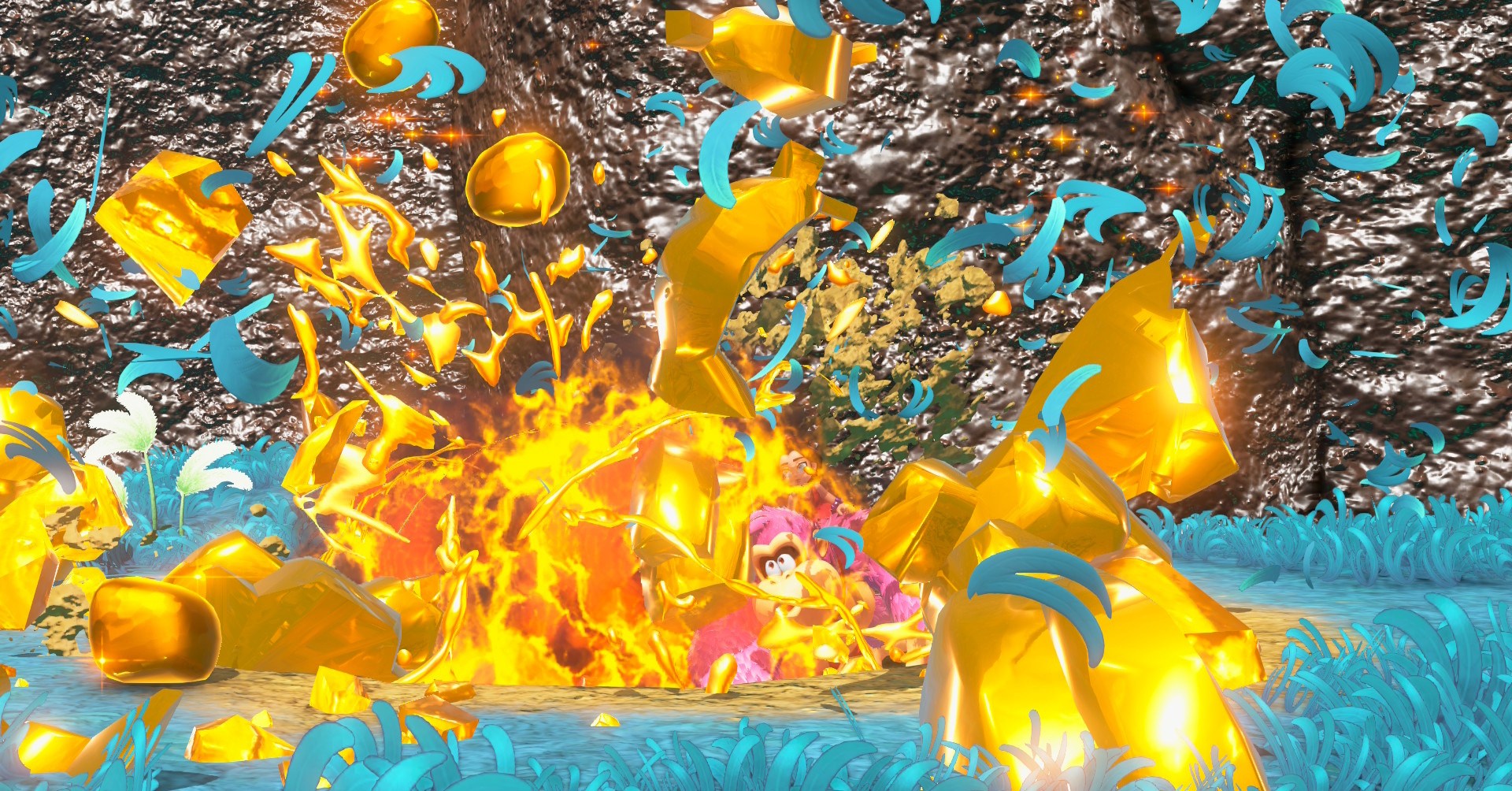 DK in Donkey Kong Bananza at the base of an eruption of gold