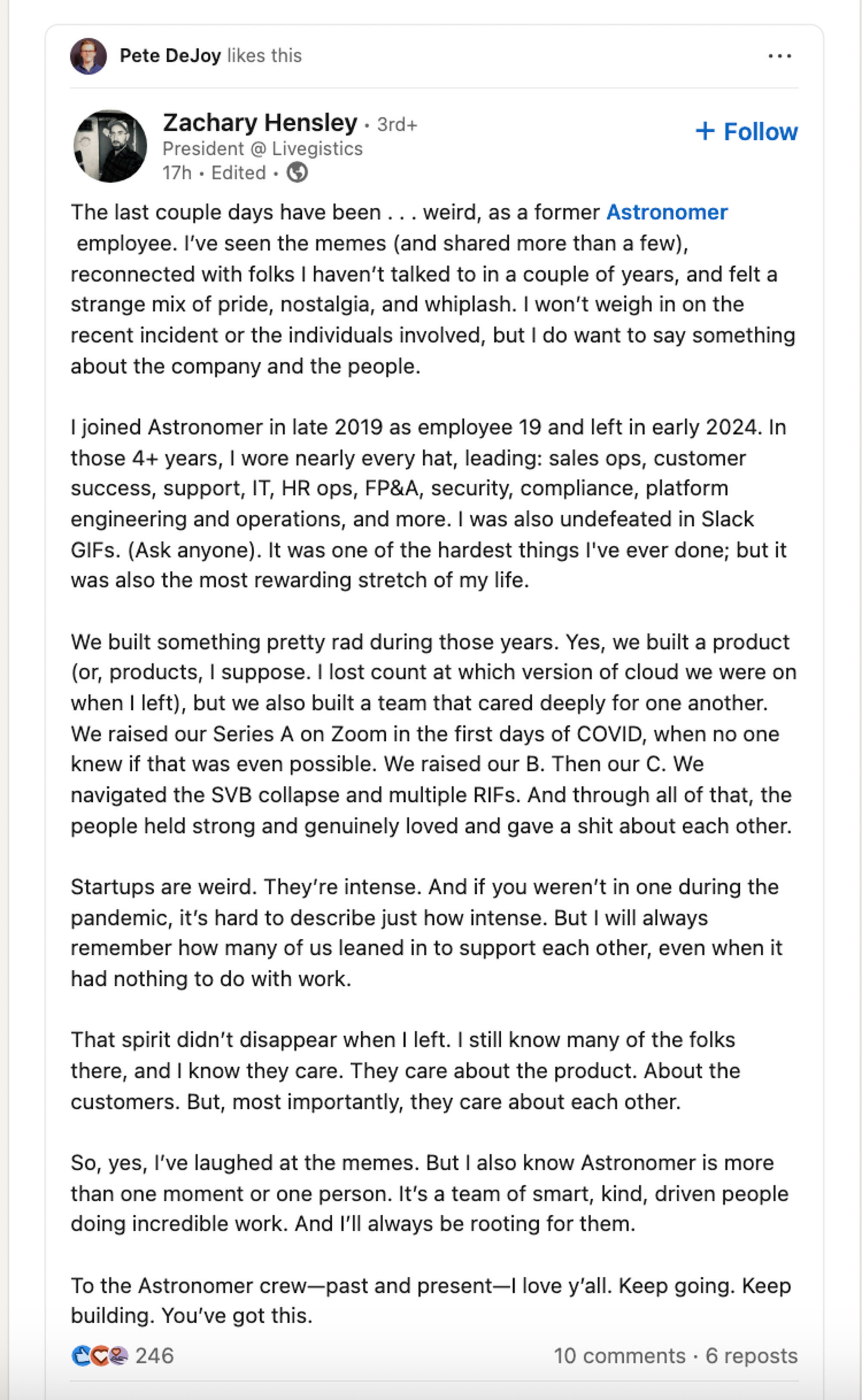 Zachary Hensley's LinkedIn post.