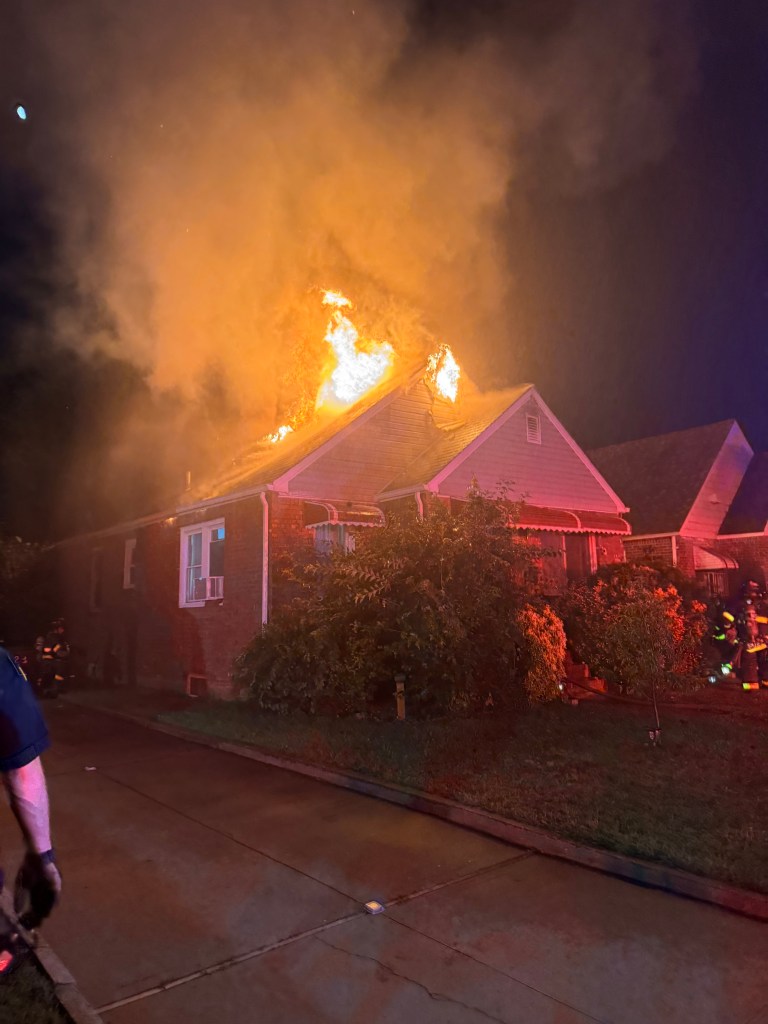 A house fire at night.