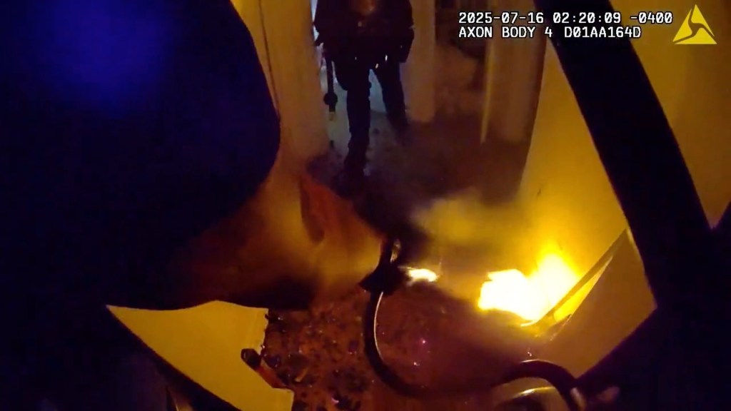 NYPD officers rescuing people from a burning building.