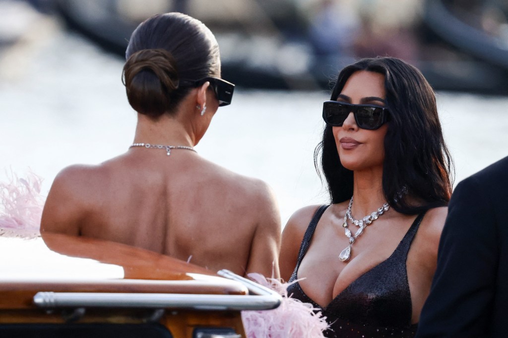 Kim Kardashian leaves on a boat from the Gritti Palace, on the second day of the wedding festivities of Amazon founder Jeff Bezos and journalist Lauren Sanchez, in Venice, Italy, June 27, 2025. REUTERS/Yara Nardi