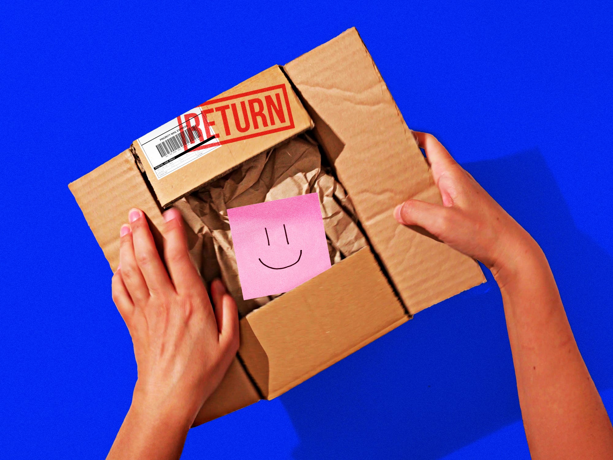 Hand boxing up an empty package marked for return.