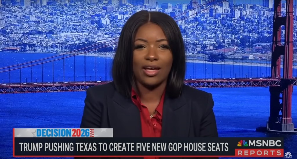 Screenshot of an MSNBC news report about Trump pushing Texas to create five new GOP House seats.