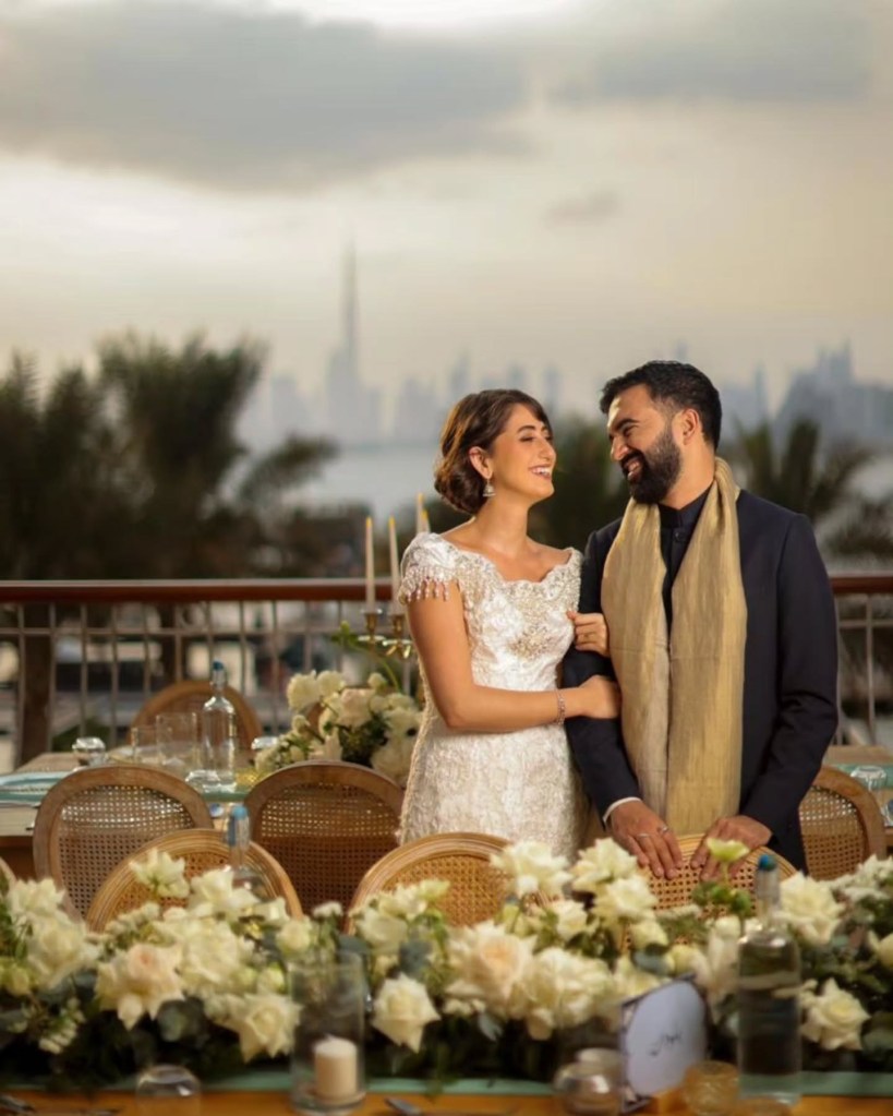 Bride and groom at their engagement party in Dubai.