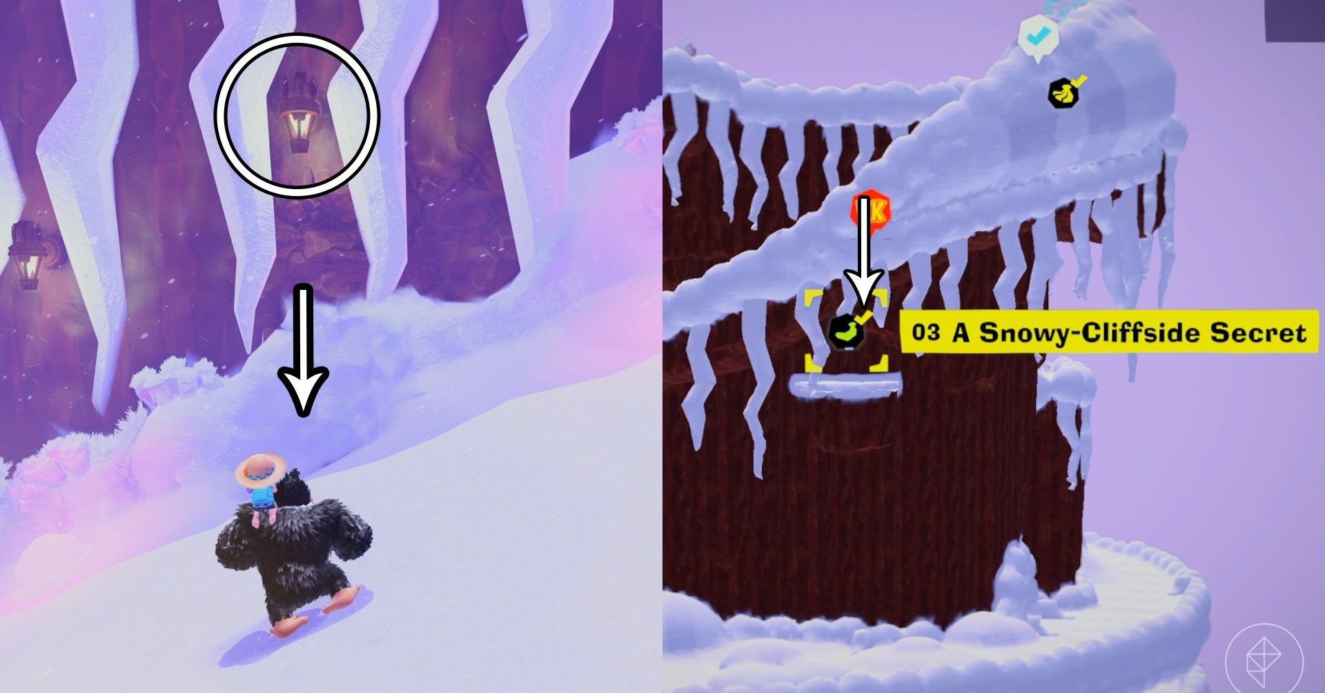 Donkey Kong slides down a snowy cliff while looking for Freezer layer bananas in a split image that shows Freezer banandium gem locations in Donkey Kong Bananza