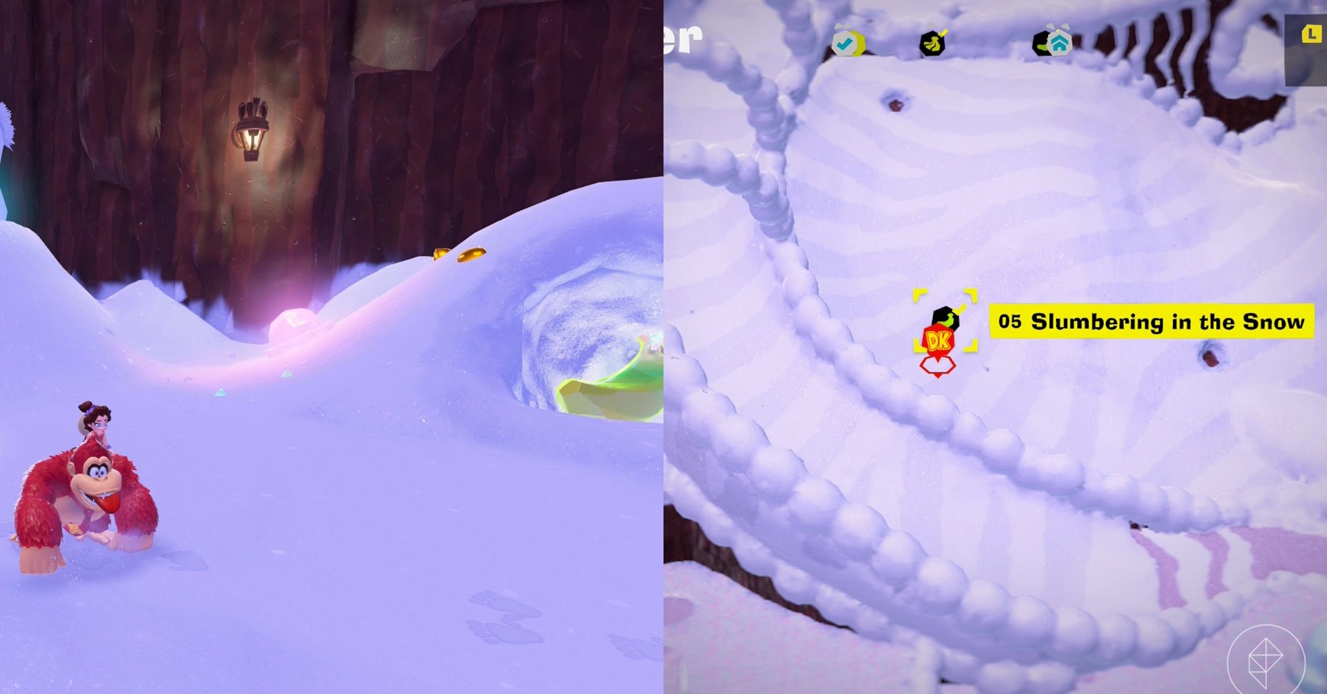 Donkey Kong runs through the snow near a cliff while looking for Freezer layer bananas in a split image that shows Freezer banandium gem locations in Donkey Kong Bananza