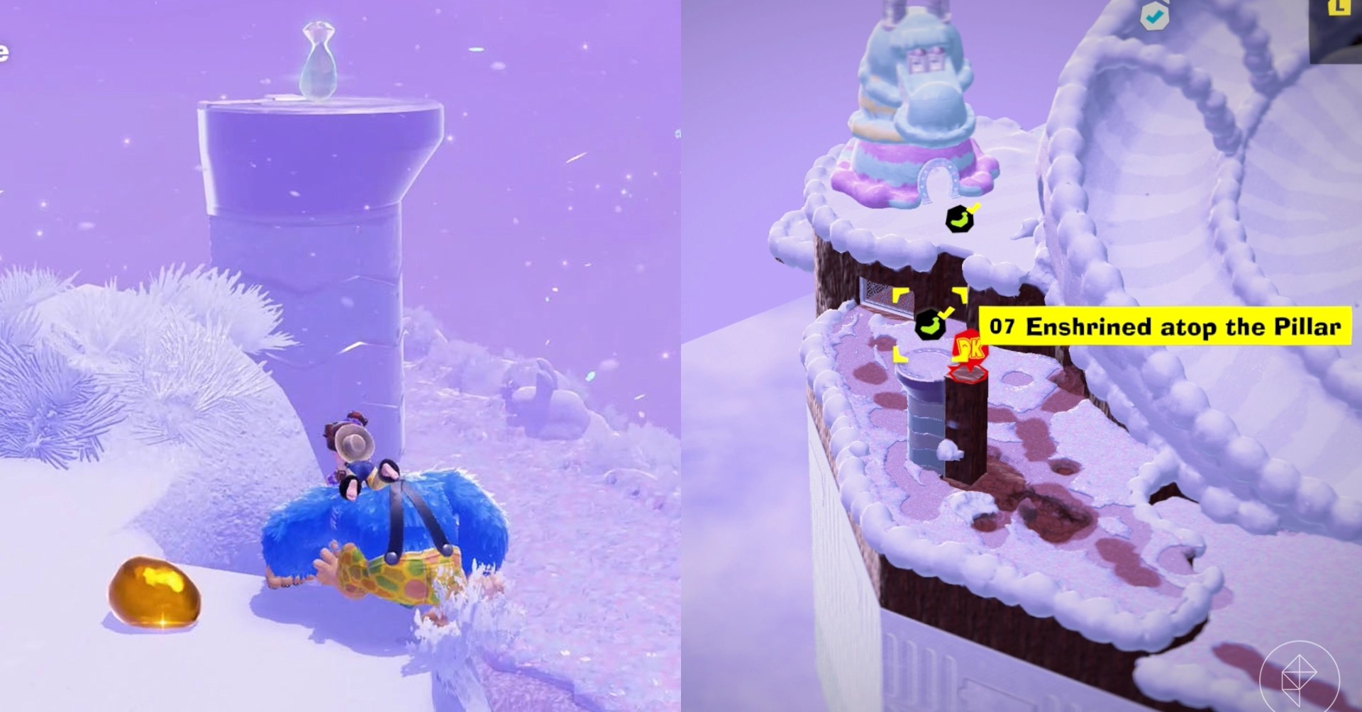 Donkey Kong stands near snowy bushes and walks toward a snowy pillar while looking for Freezer layer bananas in a split image that shows Freezer banandium gem locations in Donkey Kong Bananza