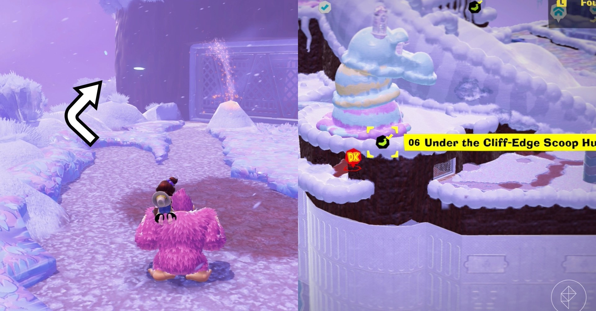 Donkey Kong walks toward a cliff in for Freezer layer bananas in a split image that shows Freezer banandium gem locations in Donkey Kong Bananza