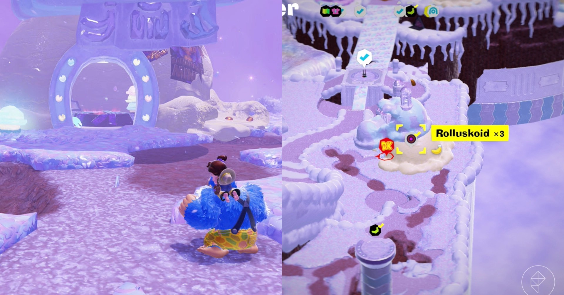 Donkey Kong stands in a frozen tundra near a St Louis style arch while looking for Freezer layer bananas in a split image that shows Freezer banandium gem locations in Donkey Kong Bananza