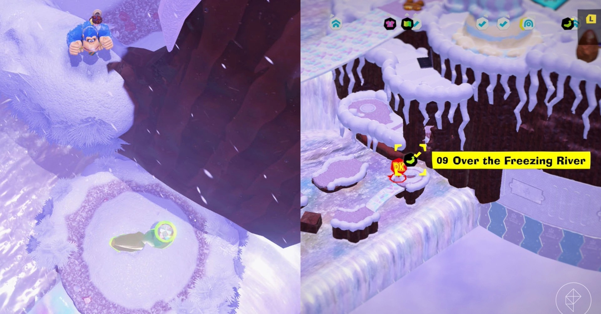 Donkey Kong stands in the snow while looking for Freezer layer bananas in a split image that shows Freezer banandium gem locations in Donkey Kong Bananza