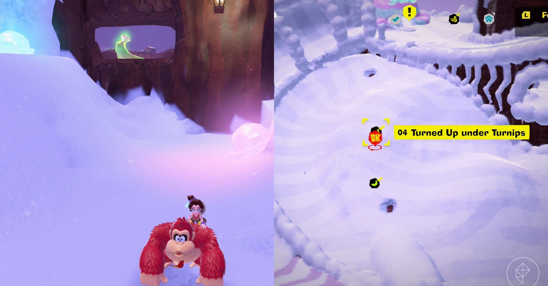 Donkey Kong stands in the snow in fron of a cave on a cliff while looking for Freezer layer bananas in a split image that shows Freezer banandium gem locations in Donkey Kong Bananza