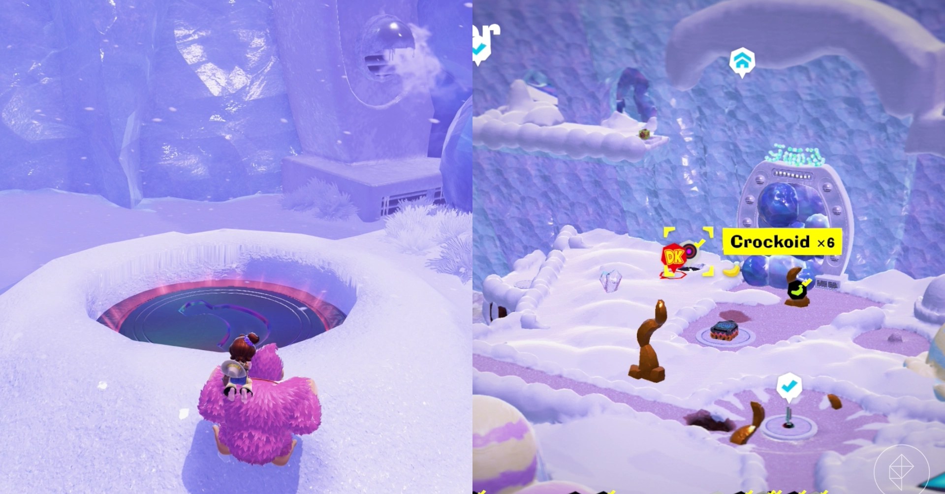 Donkey Kong stands in front of a portal in the snow while looking for Freezer layer bananas in a split image map that shows Freezer banandium gem locations in Donkey Kong Bananza