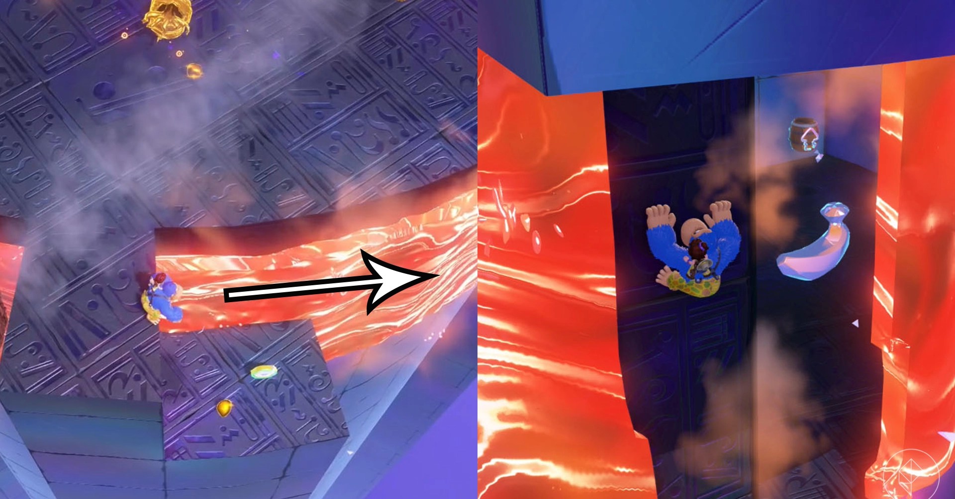 Donkey Kong stands on a precarious platform above lava in a split image that shows Freezer banandium gem locations in Donkey Kong Bananza