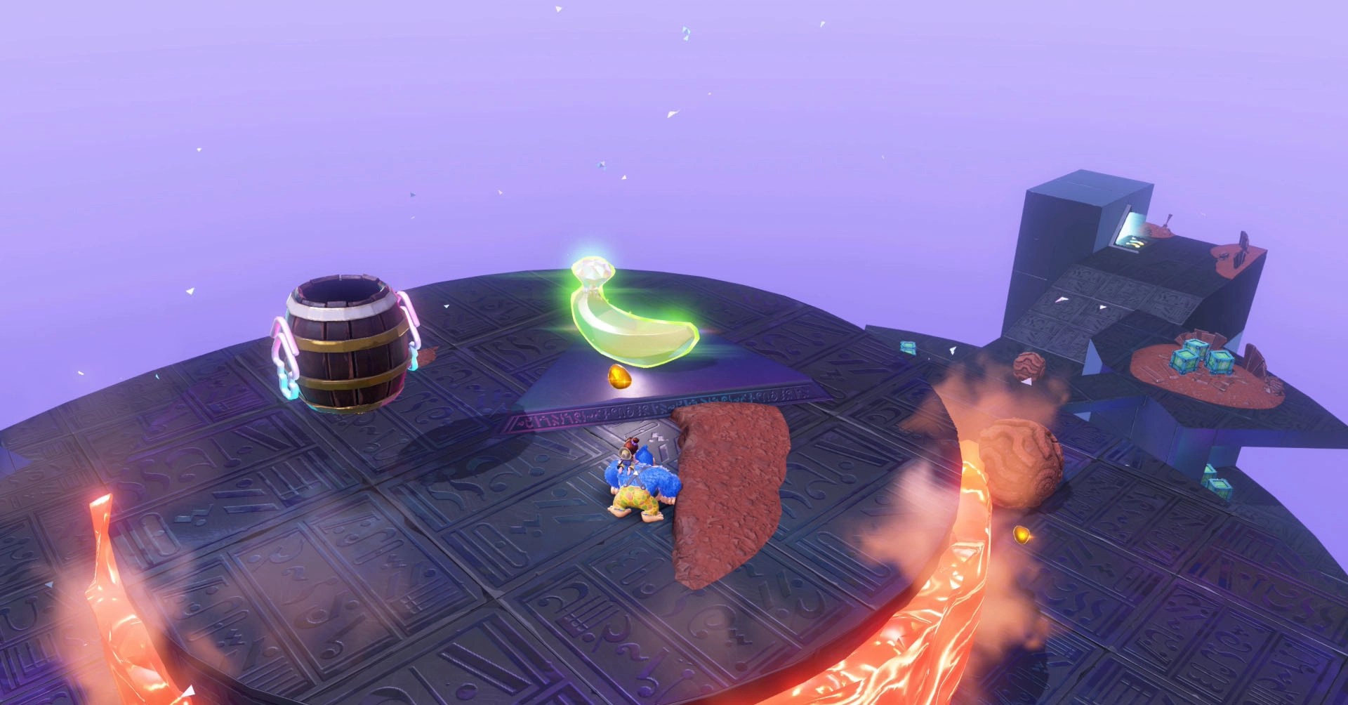 Donkey Kong walks toward a banana gem on a platform above lava in the Freezer layer in Donkey Kong Bananza