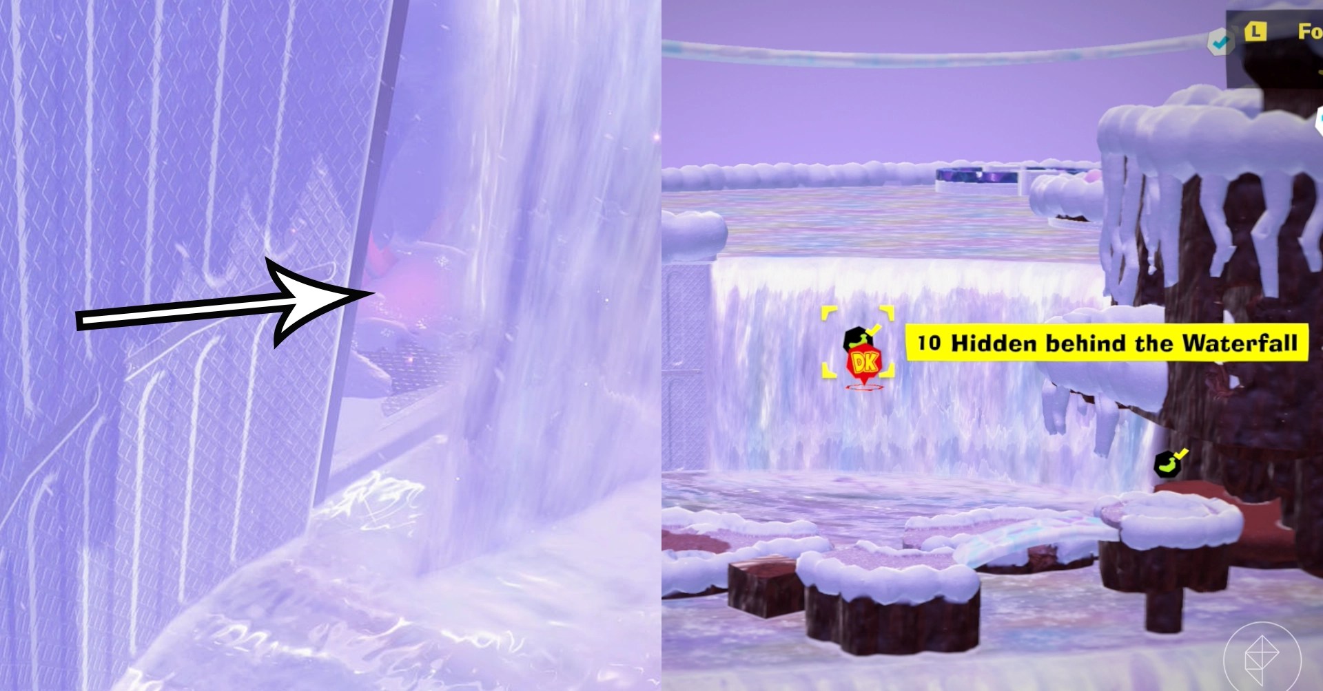 An arrow points toward a waterfall in a split image that shows Freezer banandium gem locations in Donkey Kong Bananza