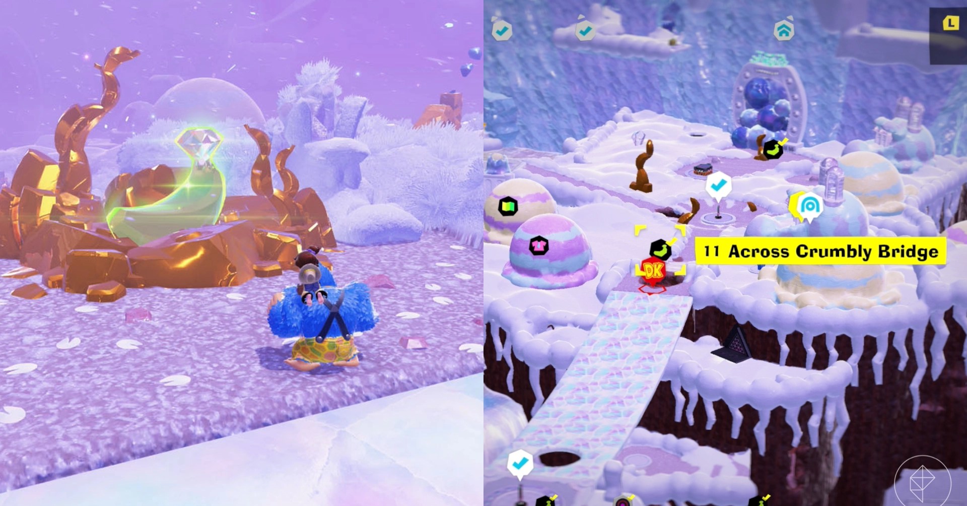 Donkey Kong stands next to a banana surrounded by gold while looking for Freezer layer bananas in a split image that shows Freezer banandium gem locations in Donkey Kong Bananza