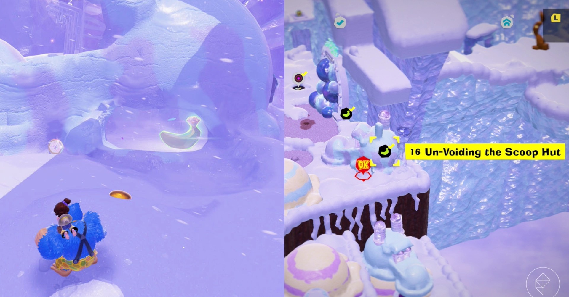 Donkey Kong stands in front of a banana encased in snow while looking for Freezer layer bananas in a split image map that shows Freezer banandium gem locations in Donkey Kong Bananza