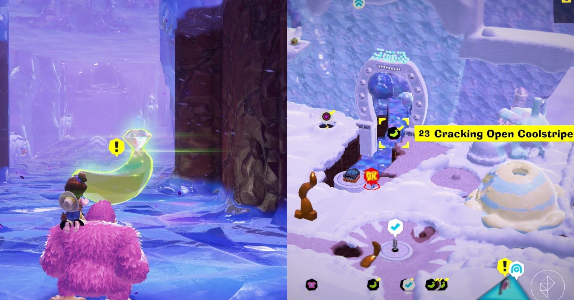 Donkey Kong stands in front of a banana on a frozen river between cliffs and a sluice while looking for Freezer layer bananas in a split image map that shows Freezer banandium gem locations in Donkey Kong Bananza