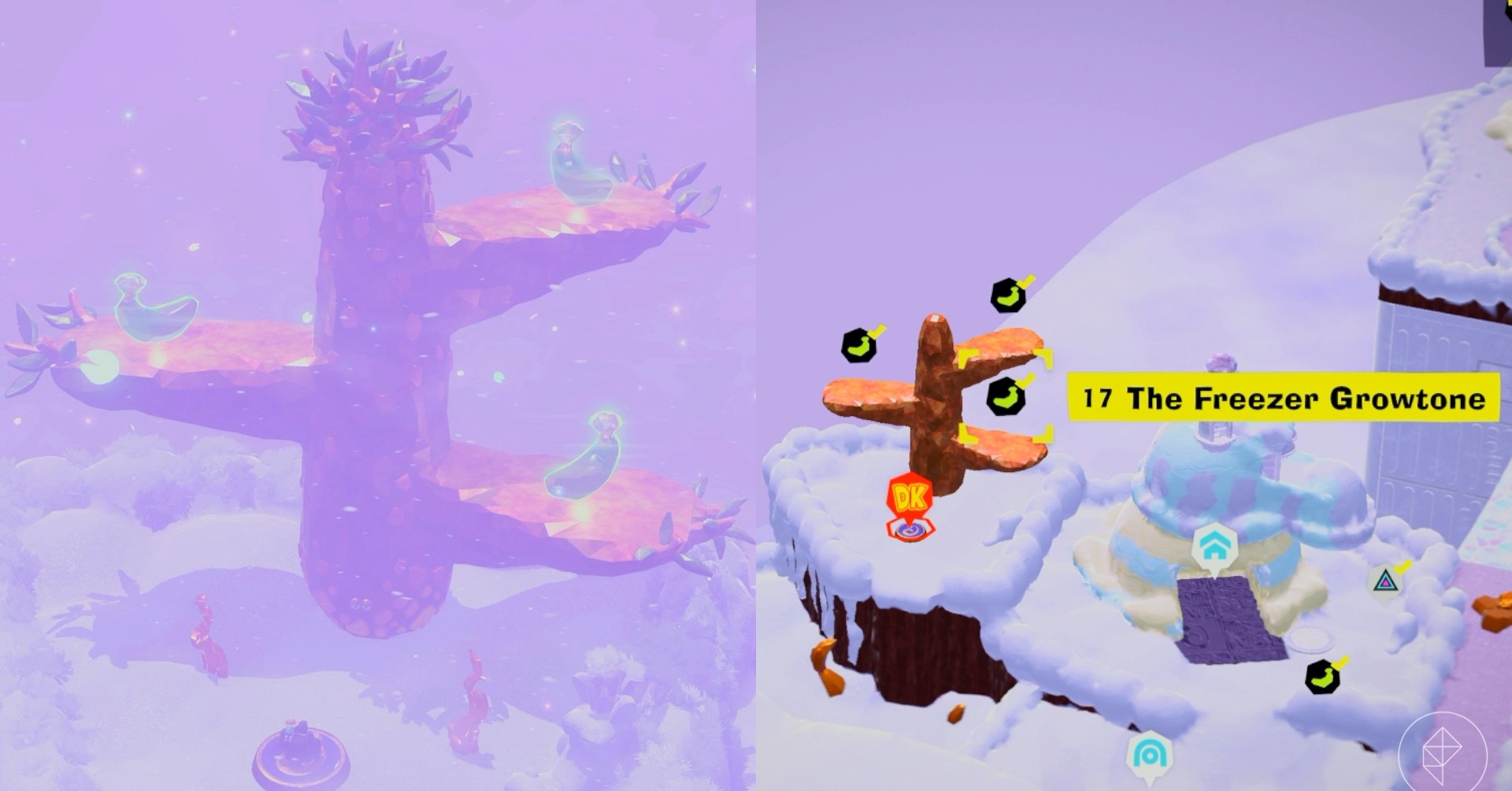 The Growtone grows tall in the snow in the Freezer Layer in Donkey Kong Bananza