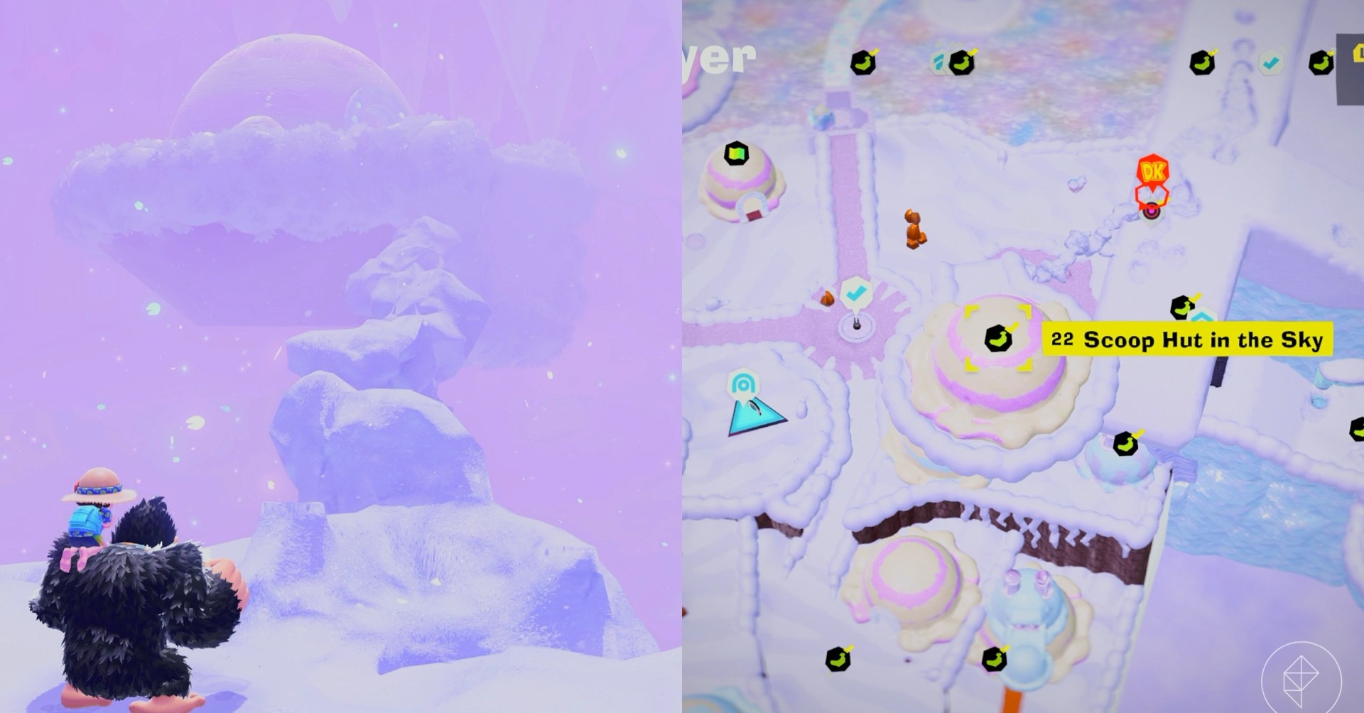 Donkey Kong looks at a giant pillar of snow while looking for Freezer layer bananas in a split image map that shows Freezer banandium gem locations in Donkey Kong Bananza
