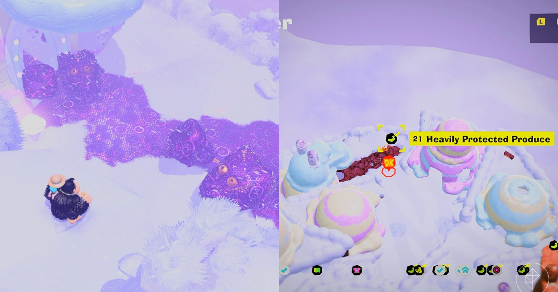 Donkey Kong looks at void covering switches in the snow while looking for Freezer layer bananas in a split image map that shows Freezer banandium gem locations in Donkey Kong Bananza