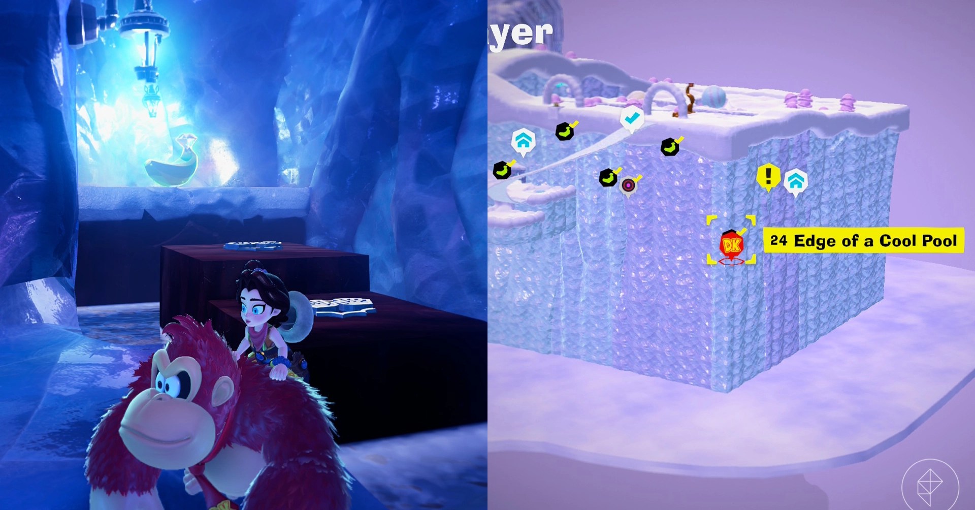Donkey Kong stands in a frozen cave with stone platforms in front of a banana gem while looking for Freezer layer bananas in a split image map that shows Freezer banandium gem locations in Donkey Kong Bananza