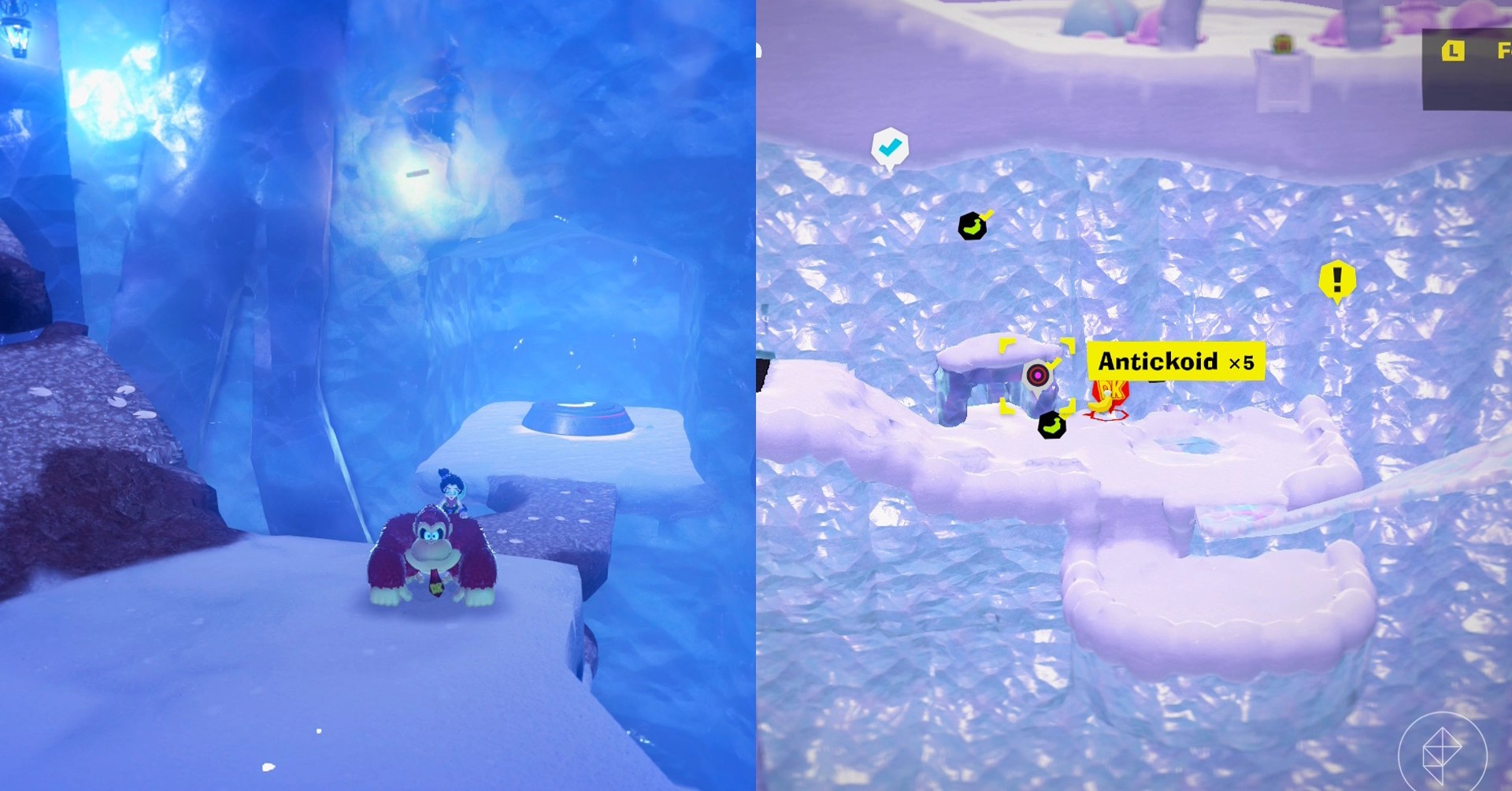 Donkey Kong stands in the snow near cliffs and stone platforms while looking for Freezer layer bananas in a split image map that shows Freezer banandium gem locations in Donkey Kong Bananza