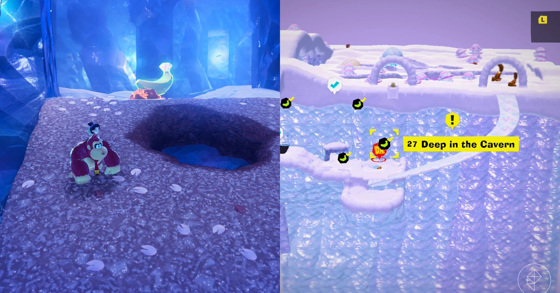 Donkey Kong stands next to a giant hole in frozen ground while looking for Freezer layer bananas in a split image map that shows Freezer banandium gem locations in Donkey Kong Bananza