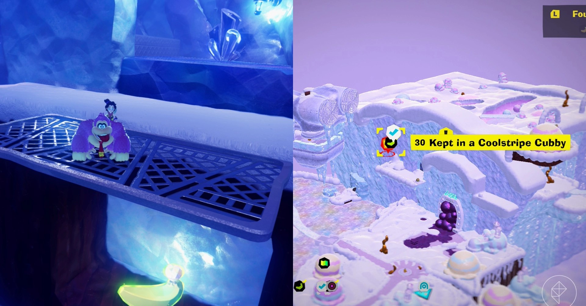 Donkey Kong stands on a metal grate sticking out of a stone cliff while looking for Freezer layer bananas in a split image map that shows Freezer banandium gem locations in Donkey Kong Bananza