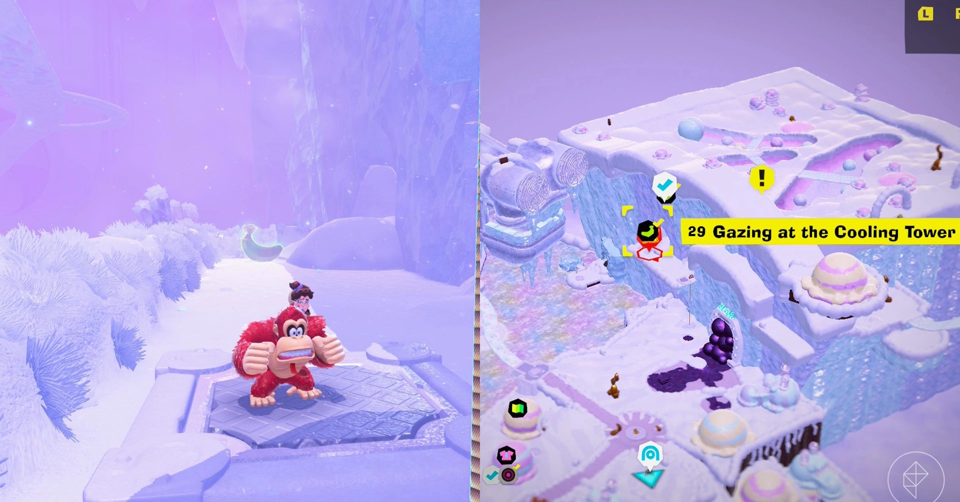 Donkey Kong stands on a metal grate in the snow while looking for Freezer layer bananas in a split image map that shows Freezer banandium gem locations in Donkey Kong Bananza
