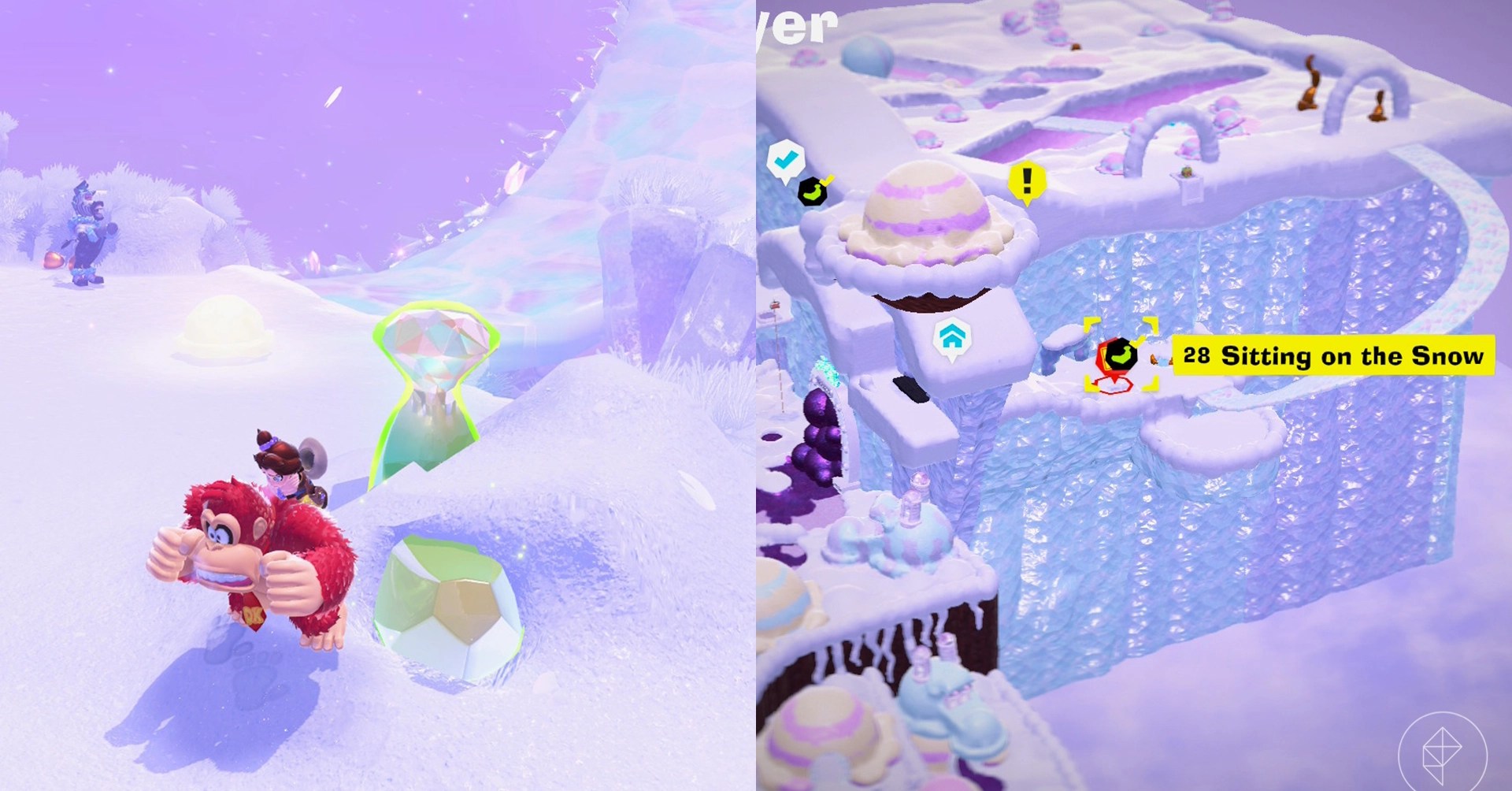 Donkey Kong stands next to a banana buried in the snow while looking for Freezer layer bananas in a split image map that shows Freezer banandium gem locations in Donkey Kong Bananza