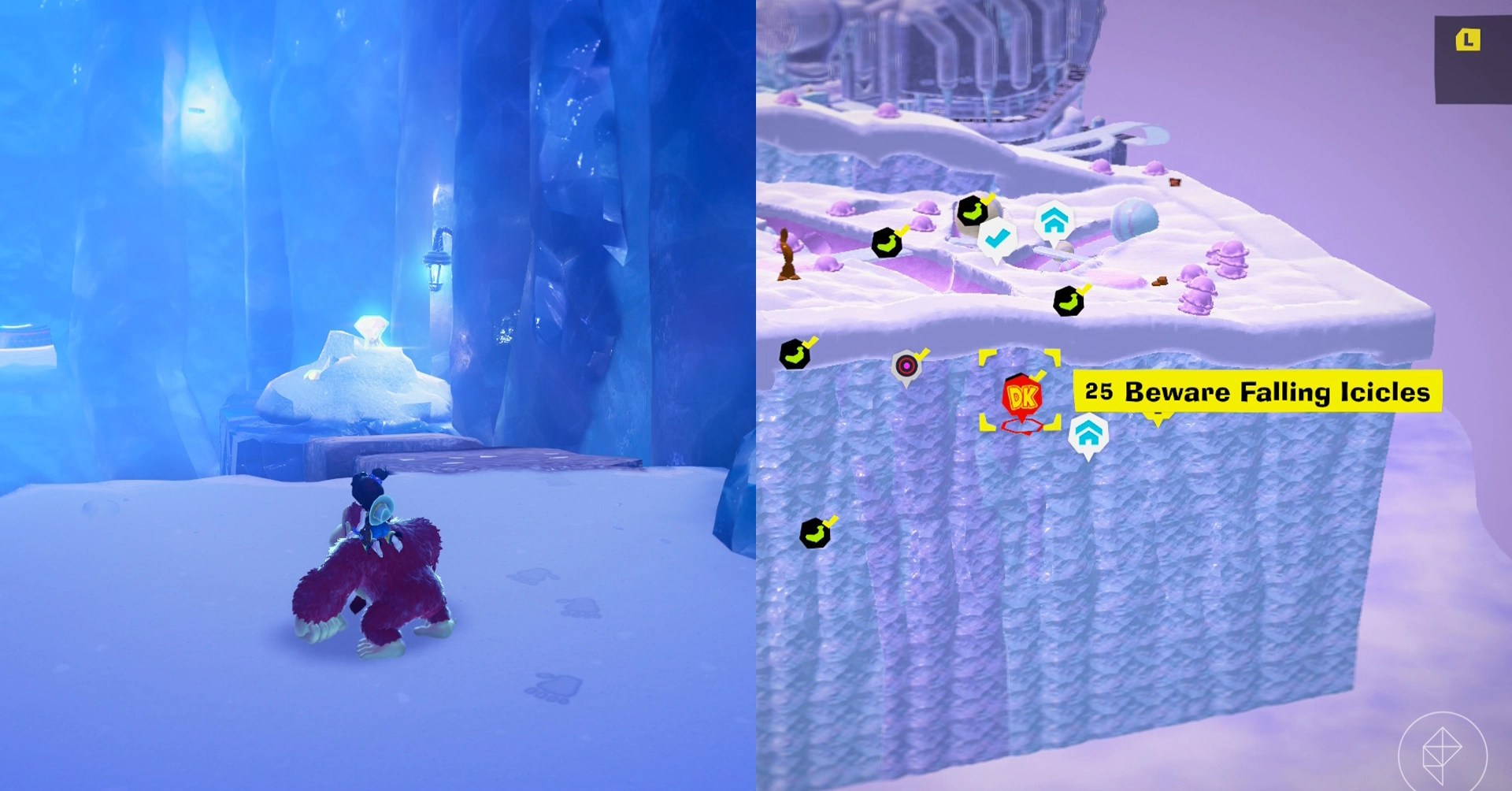 Donkey Kong stands in the snow near cliffs and stone platforms while looking for Freezer layer bananas in a split image map that shows Freezer banandium gem locations in Donkey Kong Bananza