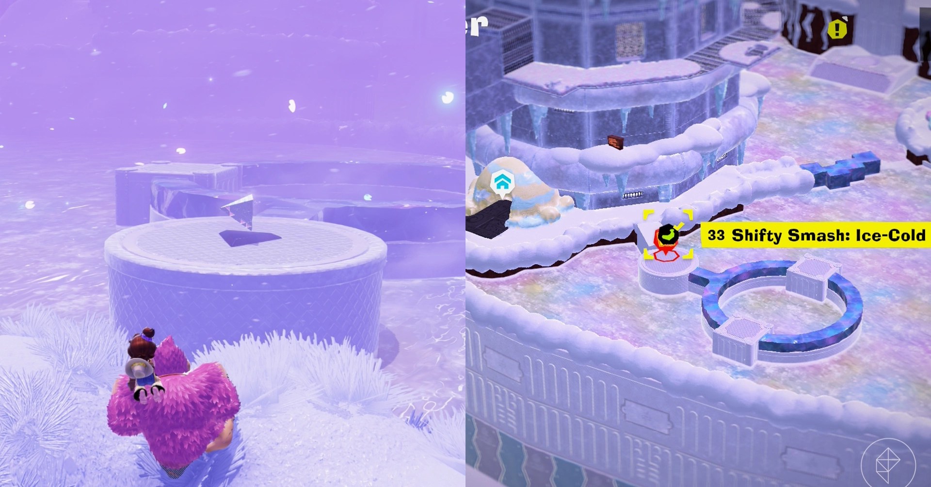 Donkey Kong stands by the edge of a cliff near a platform with a floating silver triangle while looking for Freezer layer bananas in a split image map that shows Freezer banandium gem locations in Donkey Kong Bananza