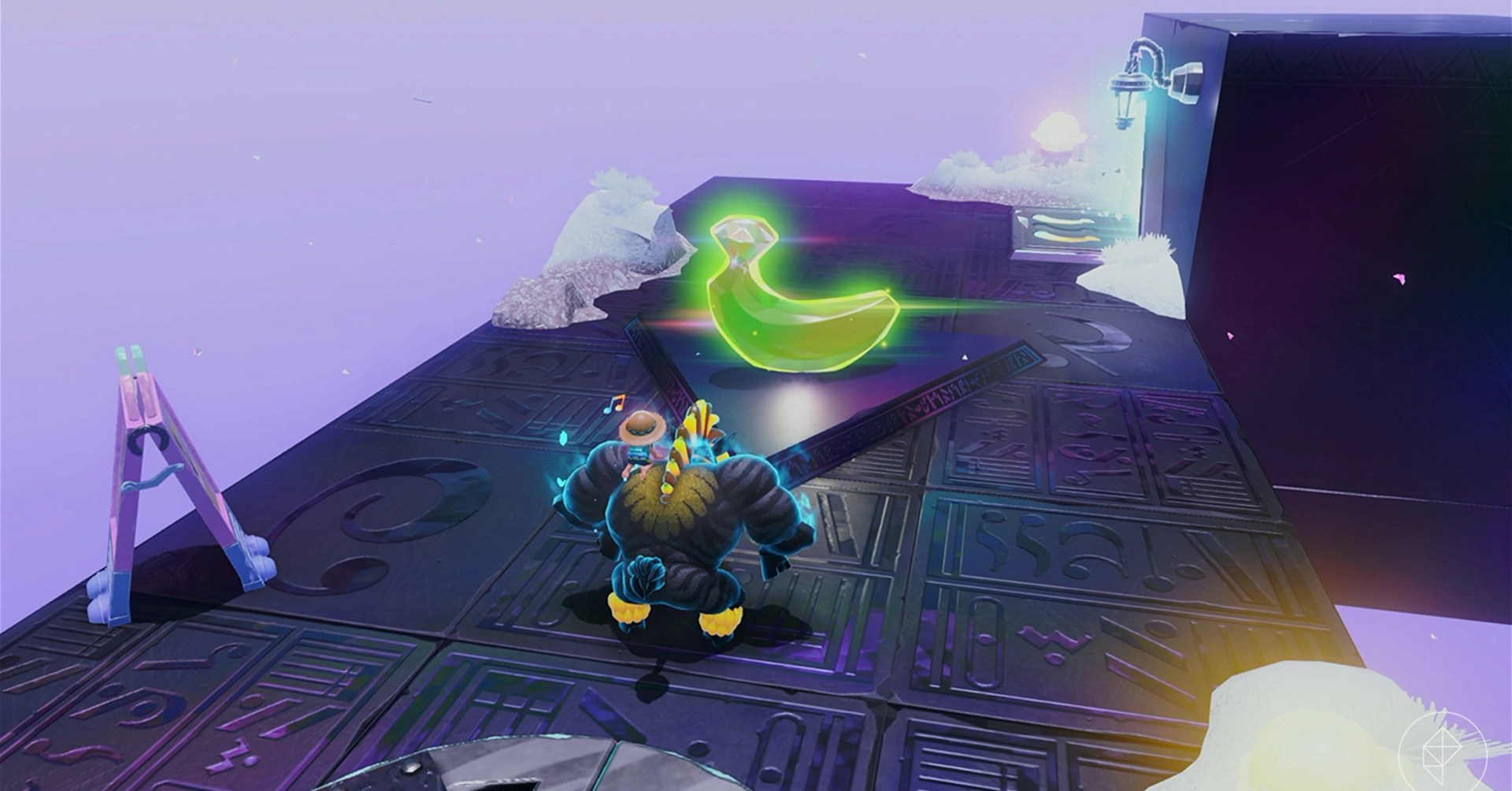 Donkey Kong stands next to a glowing banana gem on a stone platform in the Freezer Layer bananadium gems in Donkey Kong Bananza