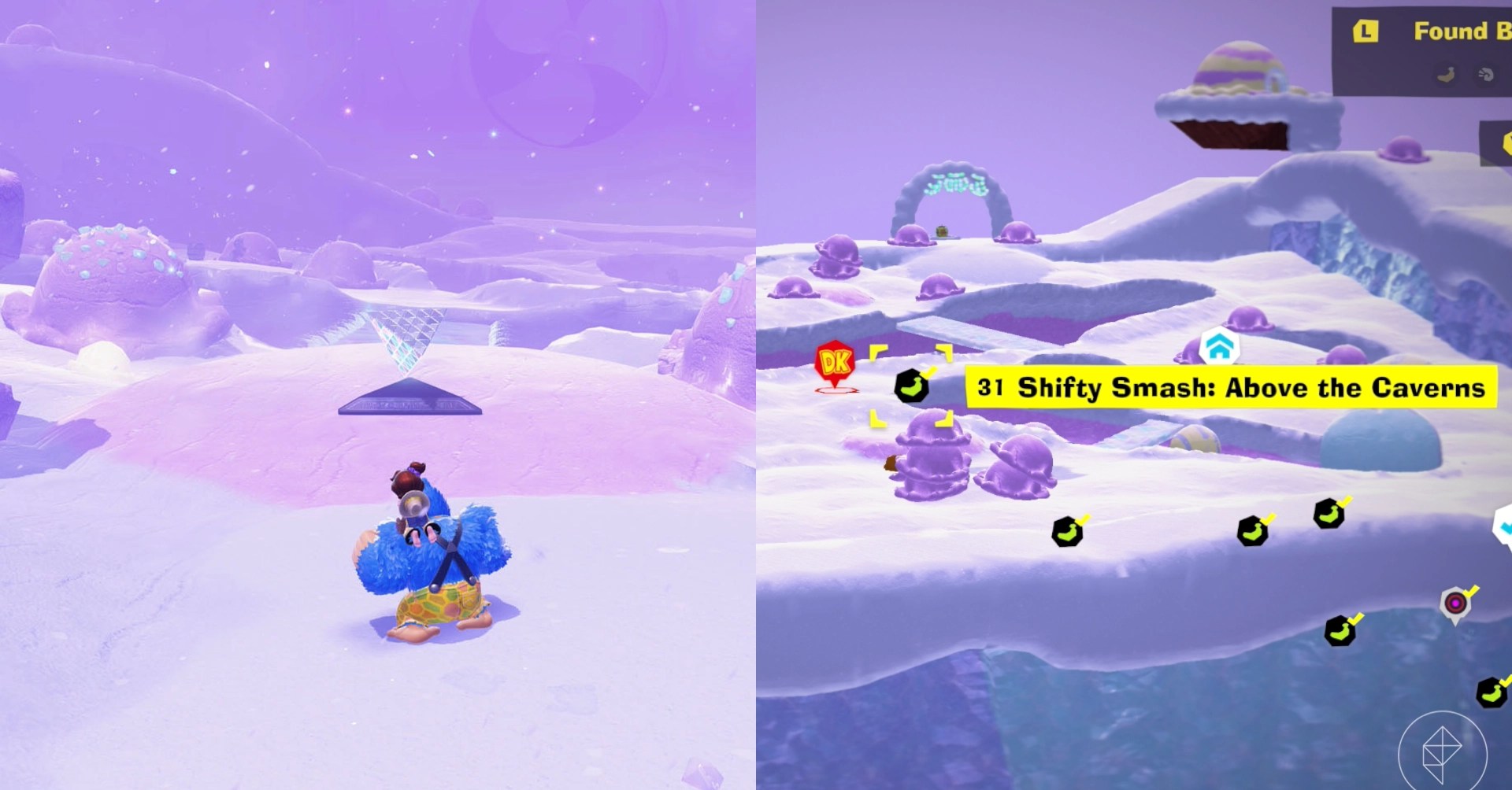 Donkey Kong walks toward a floating silver pyramid while looking for Freezer layer bananas in a split image map that shows Freezer banandium gem locations in Donkey Kong Bananza