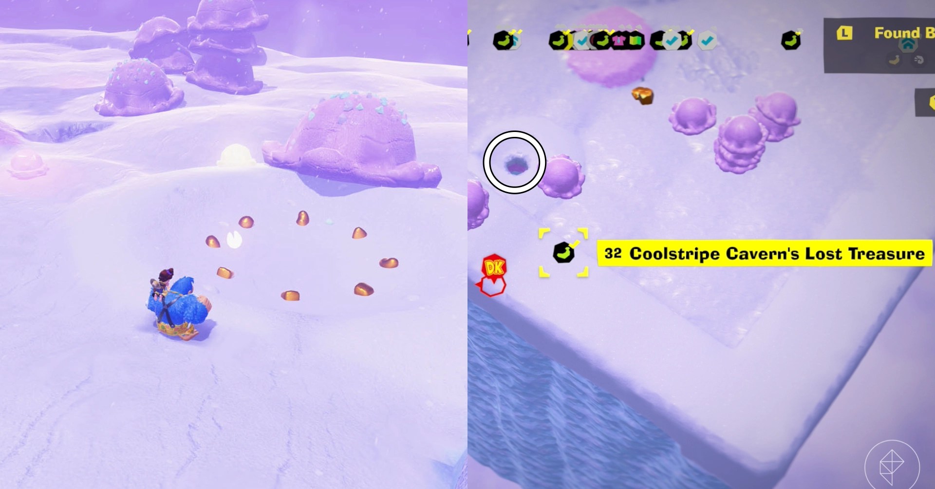 Donkey Kong walks toward a circle of buried gold while looking for Freezer layer bananas in a split image map that shows Freezer banandium gem locations in Donkey Kong Bananza