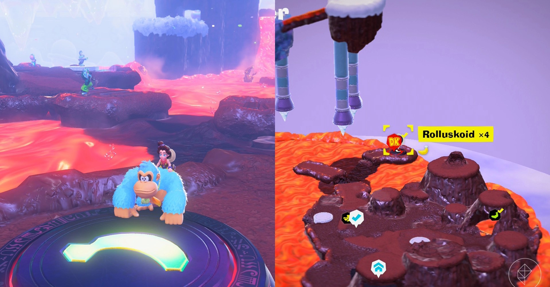 Donkey Kong stands on a dirt path in lava while looking for Freezer layer bananas in a split image map that shows Freezer banandium gem locations in Donkey Kong Bananza