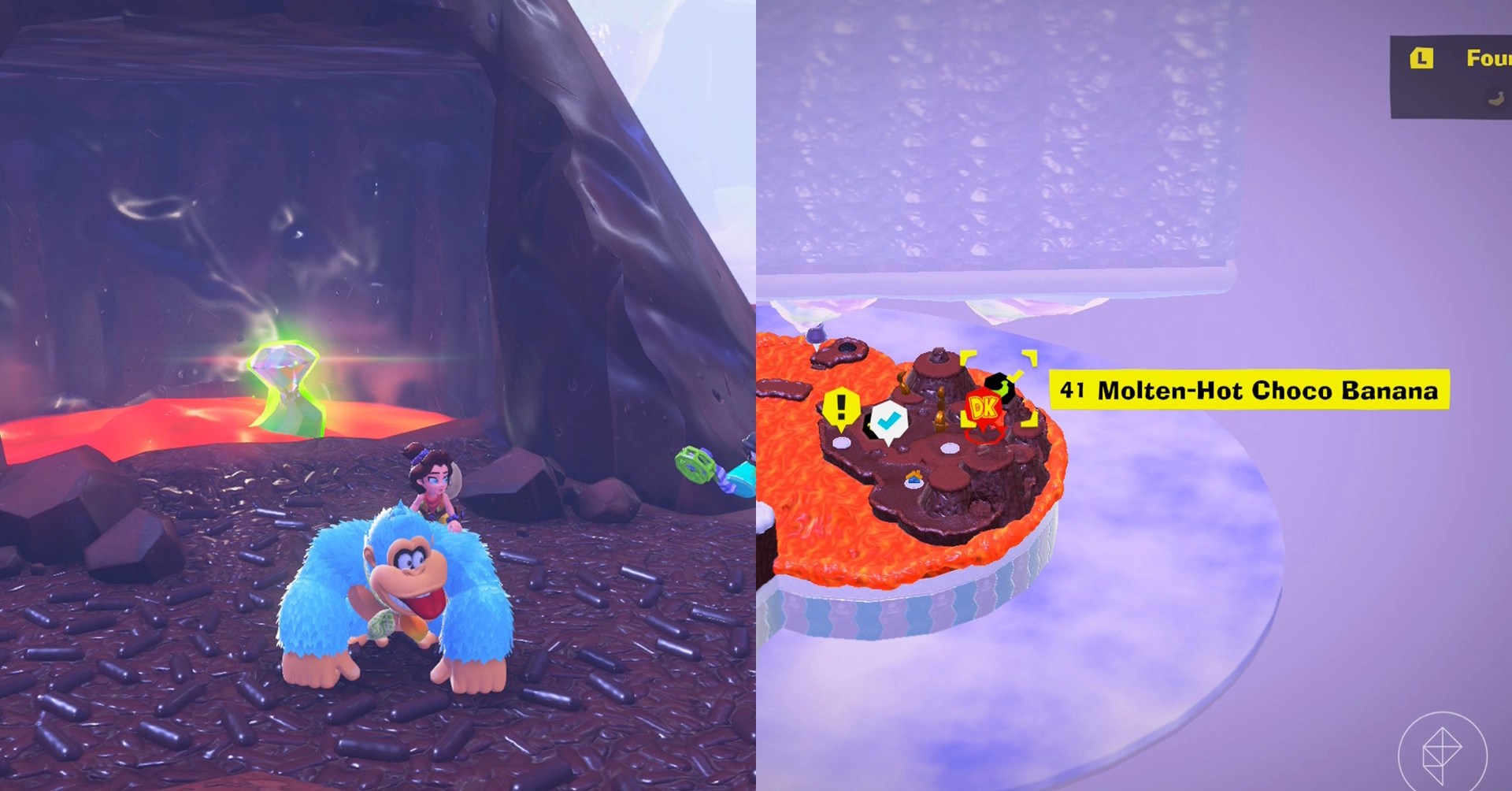 Donkey Kong stands on a dirt path in front of a banana in lava while looking for Freezer layer bananas in a split image map that shows Freezer banandium gem locations in Donkey Kong Bananza
