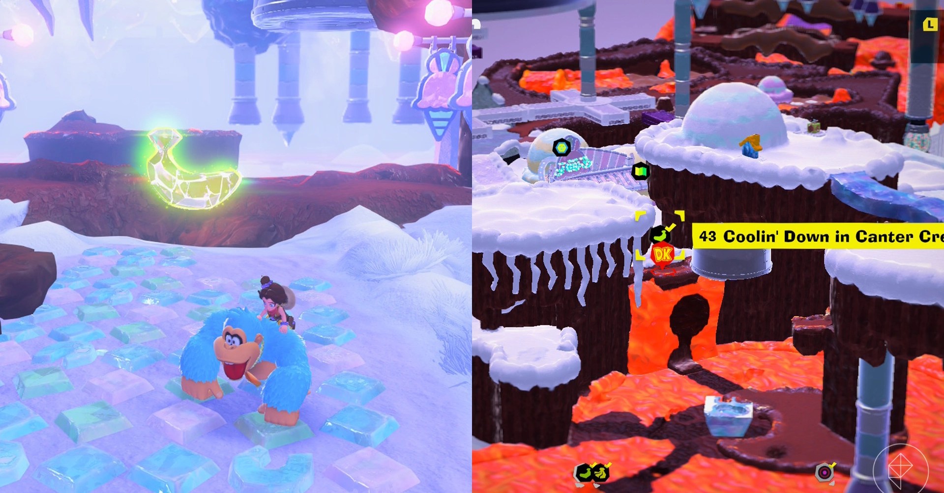Donkey Kong stands on snow and ice near dirt above lava while looking for Freezer layer bananas in a split image map that shows Freezer banandium gem locations in Donkey Kong Bananza
