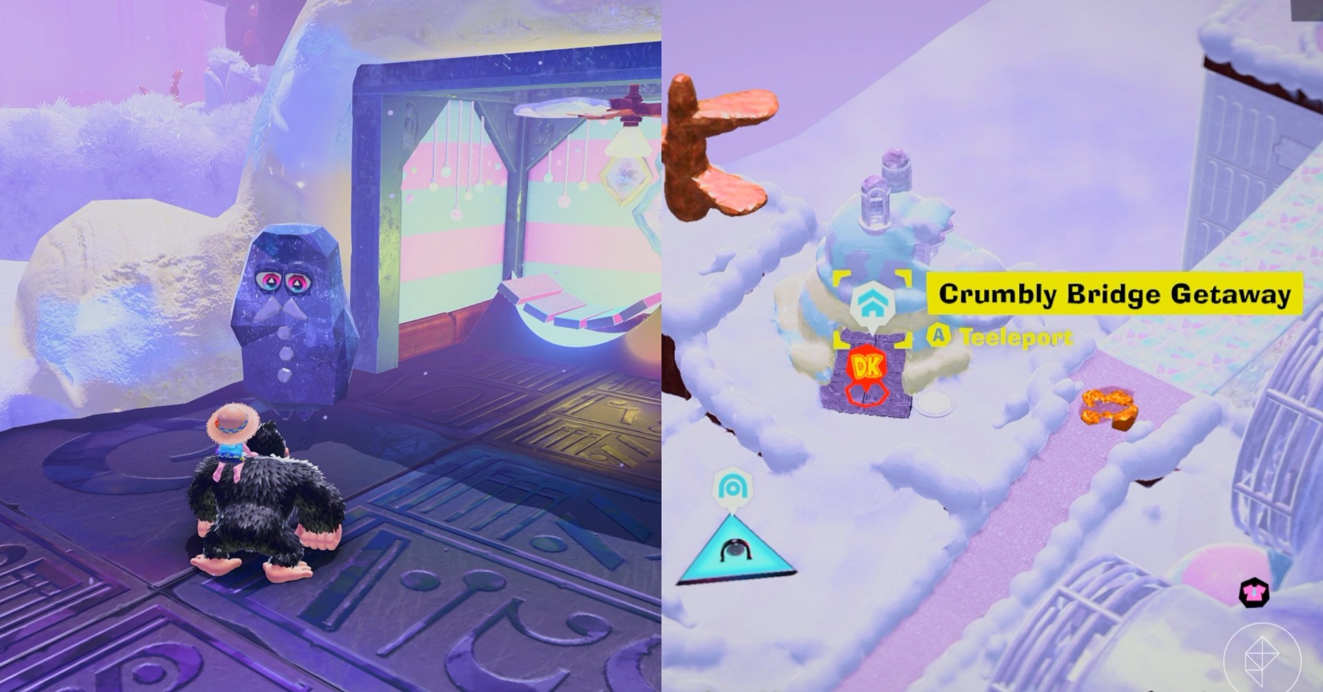 Donkey Kong interacts with the chip exchange while looking for Freezer layer bananas in a split image map that shows Freezer banandium gem locations in Donkey Kong Bananza